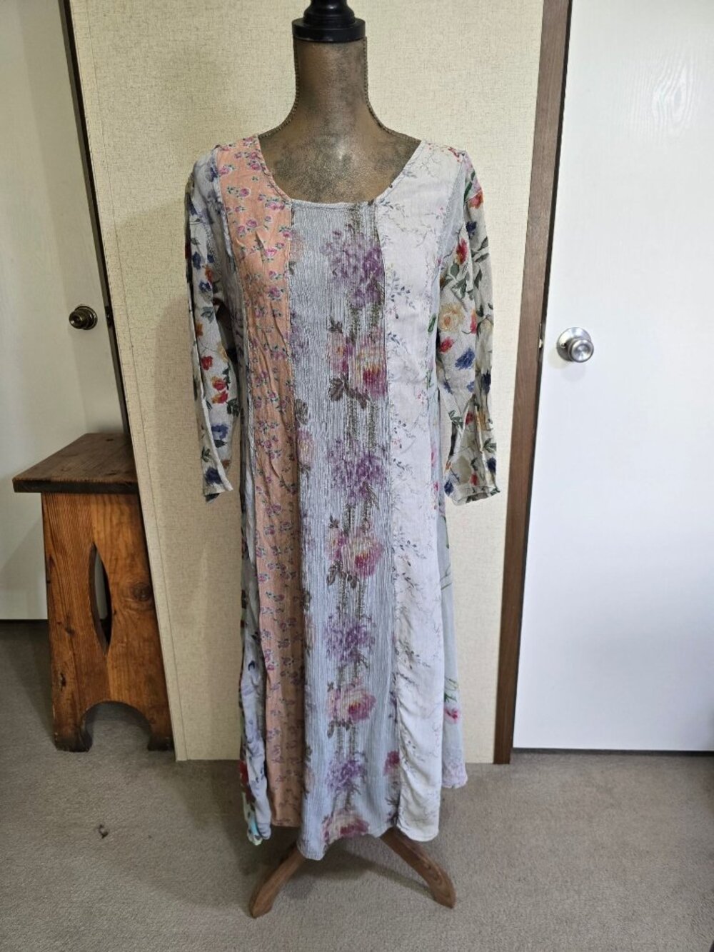 Vintage Sacred Threads M L Boho Maxi Dress Patchwork Floral Rayon Long Sleeve